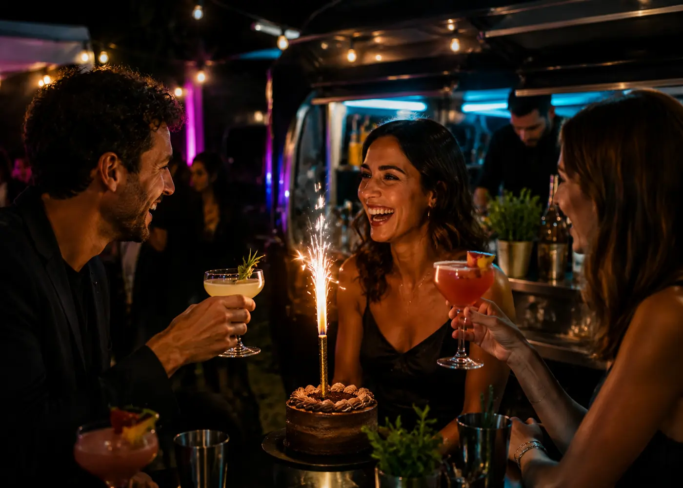 Geburtstagsfeier mit Cocktail und Wunderkerze