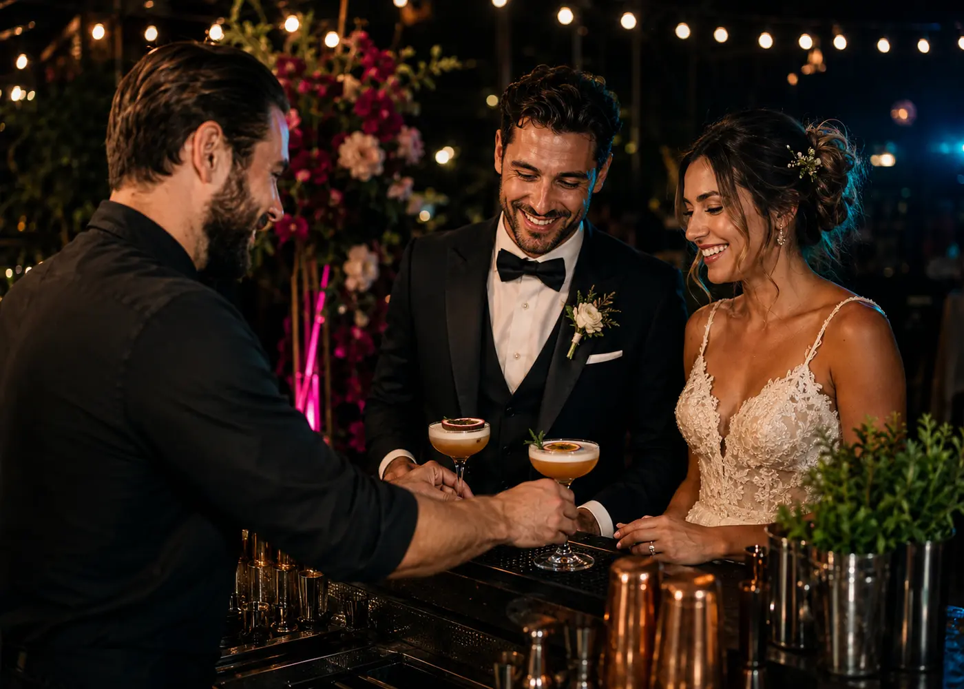 Brautpaar und Gäste feiern mit Cocktails